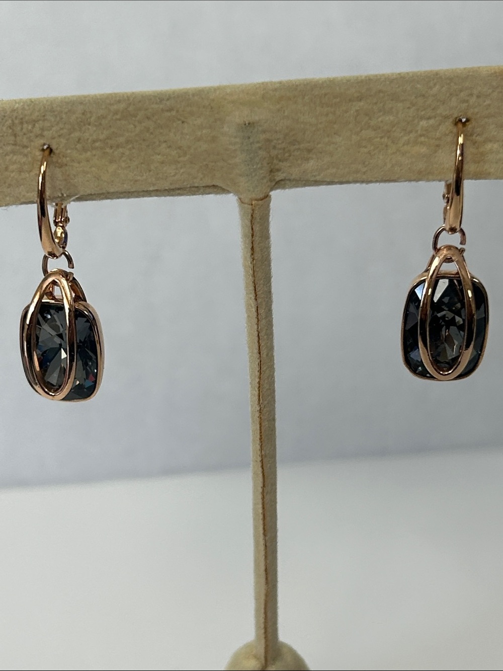 Swarovski Rose Gold Drop Earrings with Dark Charcoal Crystals